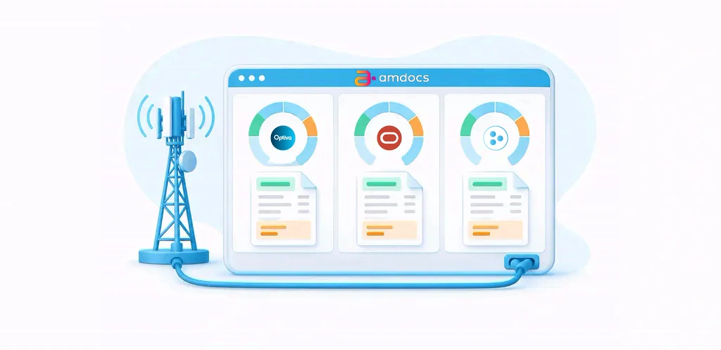 Amdocs header with Optiva, Oracle and Tridens logos in a telecom billing comparison illustration.