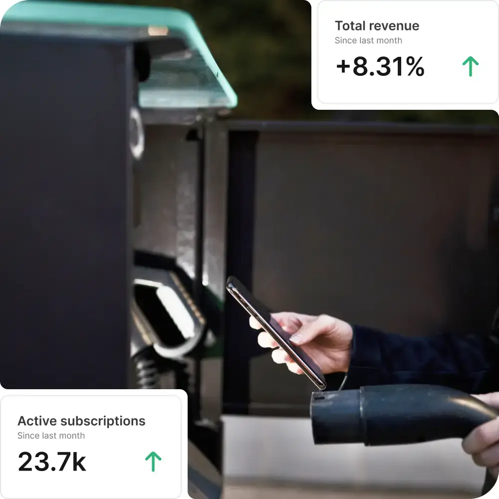 automotive and emobility landing page header image depicting the use of a charging station with relevant metrics such as active subscriptions and total revenue