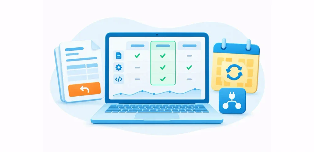 Conceptual laptop comparing subscription billing capabilities with invoice recovery, renewal calendar and integration cues