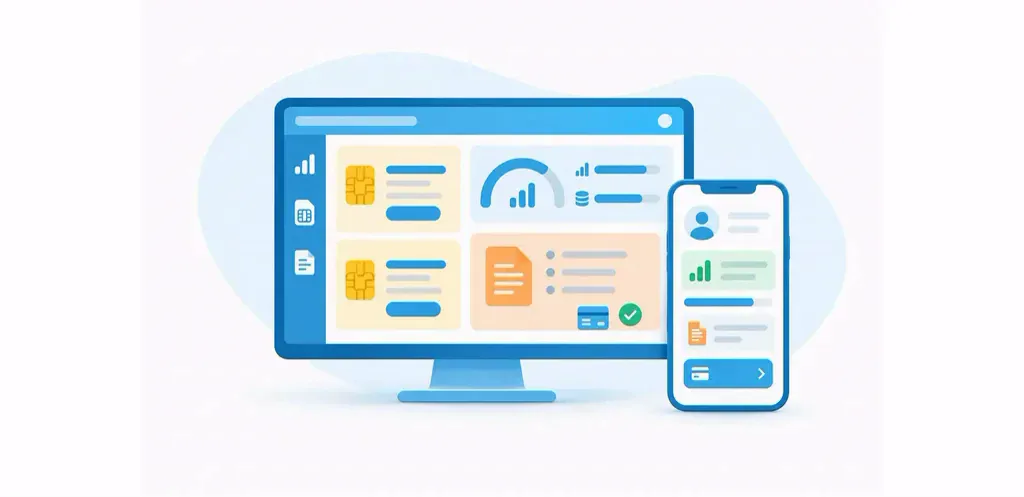 Entorno conceptual de escritorio de BSS para telecomunicaciones con planes de SIM, consumo, facturación y autoservicio para clientes de telefonía móvil.