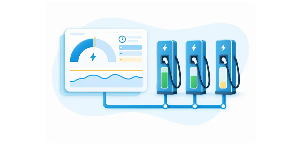 Shared site capacity meter allocating power across three EV chargers