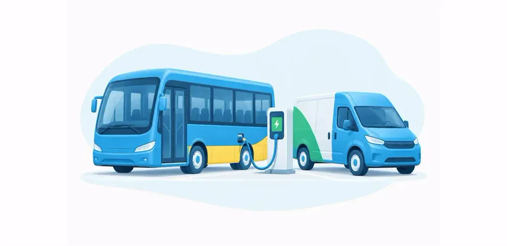 Electric passenger shuttle and delivery van at a fleet charging point