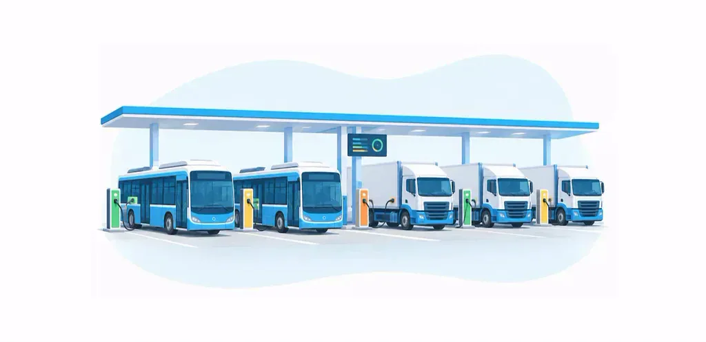 Electric buses and trucks connected to charging stations at a shared fleet depot