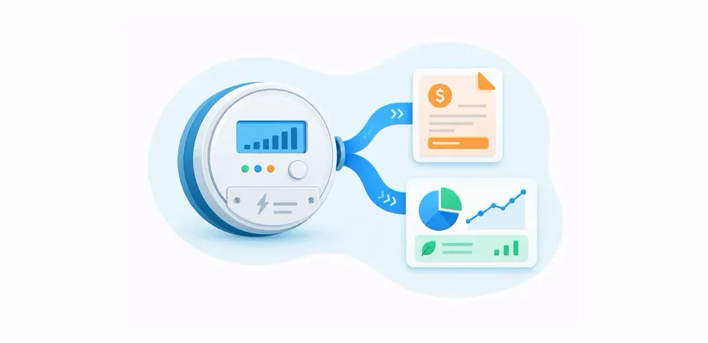 Un contador de servicios públicos envía datos sobre el consumo de energía a una factura y a un panel de análisis.