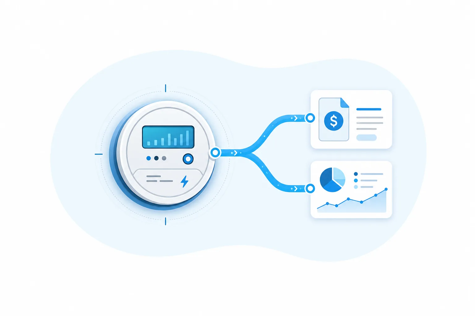 Energy data management system workflow showing validated meter and energy data flowing into billing and analytics