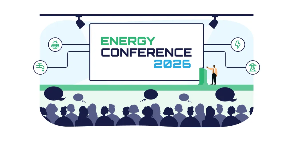 energy events conferences 2026 blog thumbnail featuring an illustration of a crowd listening to a keynote speaker at an energy conference
