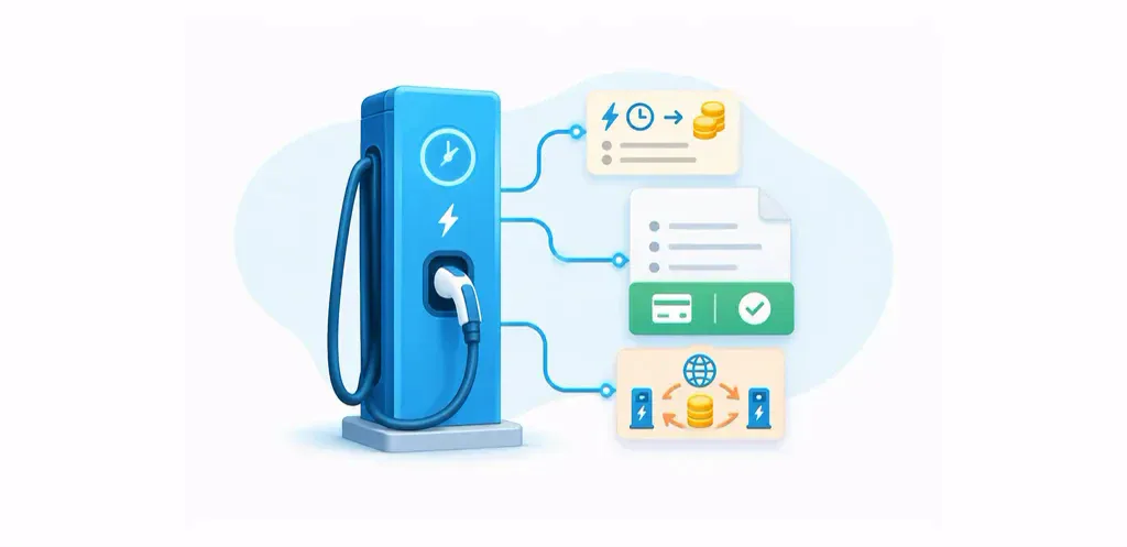 Chargeur de véhicules électriques relié à la tarification par session, au paiement des factures et au règlement des frais d'itinérance