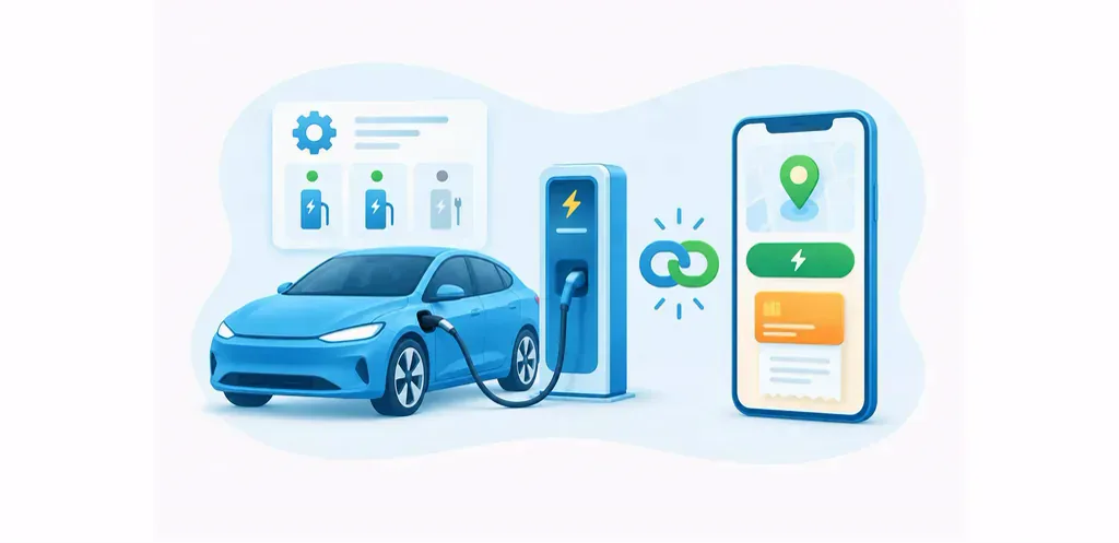 EV charging infrastructure and operations connected to a driver app for access and billing
