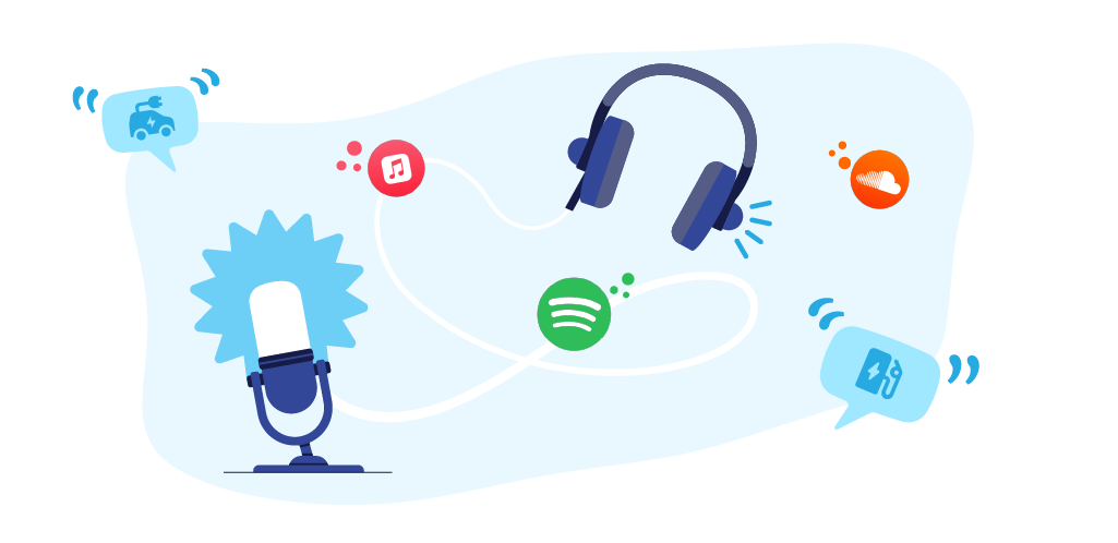 Uma infografia que apresenta podcasts sobre veículos eléctricos em plataformas populares como Spotify, Apple Podcasts e SoundCloud