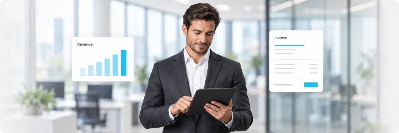 Profissional da área financeira a analisar informações sobre receitas e faturação num tablet