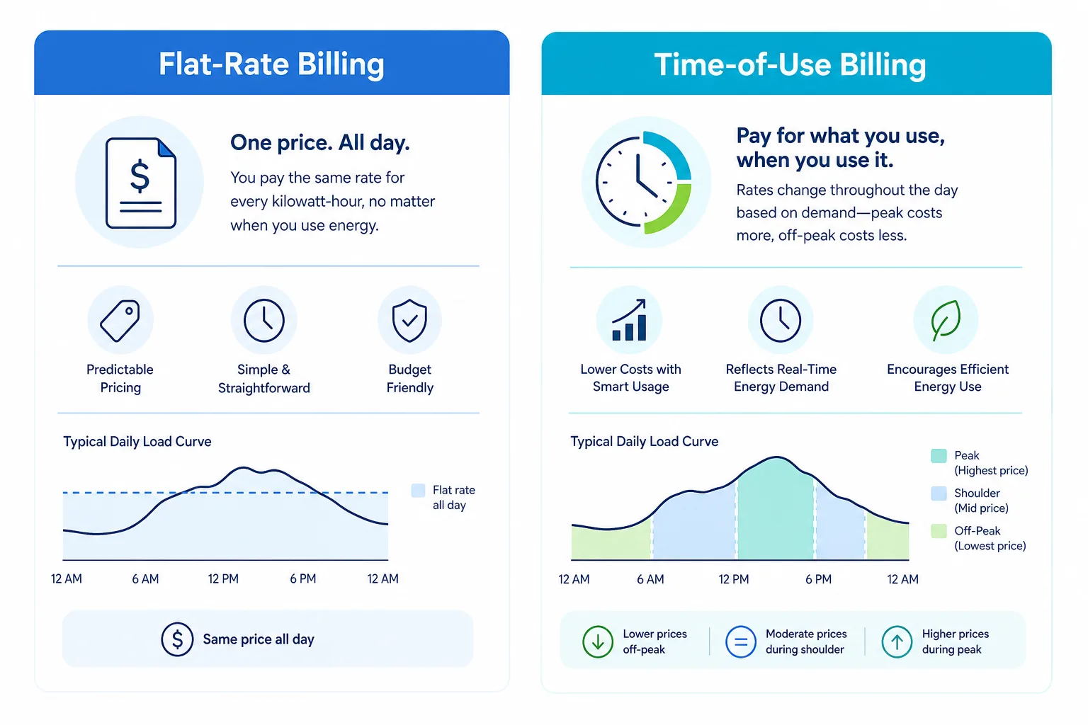 Comparison of flat-rate billing and time-of-use billing with a daily load curve