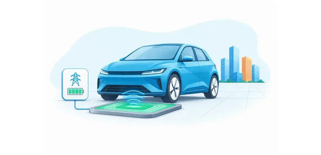 Illustrated electric vehicle with a wireless charging pad and grid connection in a future city.