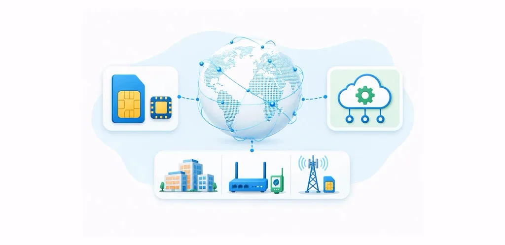 Un globo conecta las tarjetas SIM, la gestión en la nube y los dispositivos IoT empresariales.