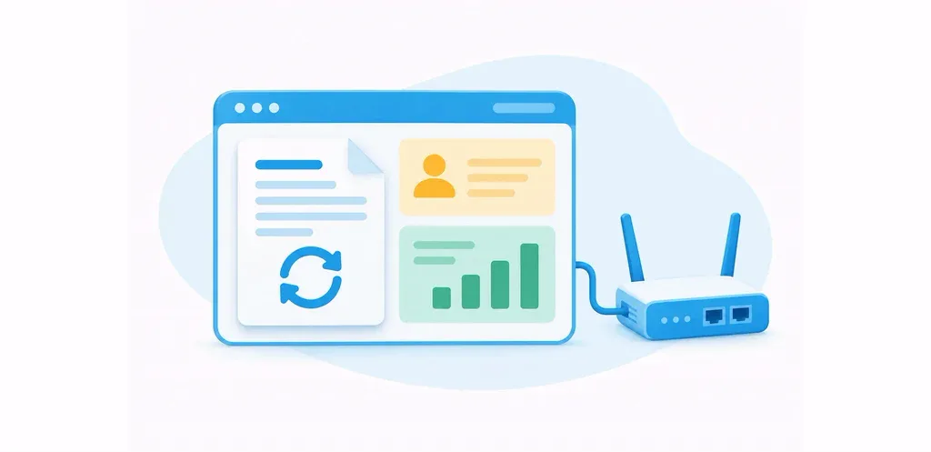 Conceptual ISP billing panel with recurring invoice, customer account and reporting cues connected to a broadband router.