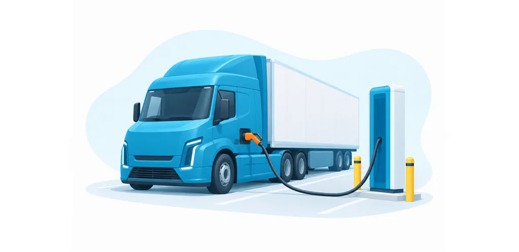 Electric truck connected to a liquid-cooled megawatt charging connector at a truck charging hub