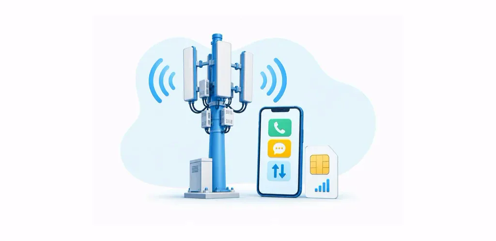 Cellular antenna base station beside a phone showing voice, messaging and data services and a SIM card.