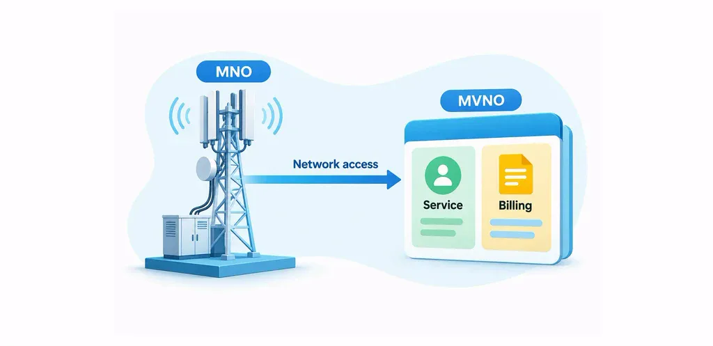 MNO radio infrastructure provides network access to an MVNO service and billing layer.