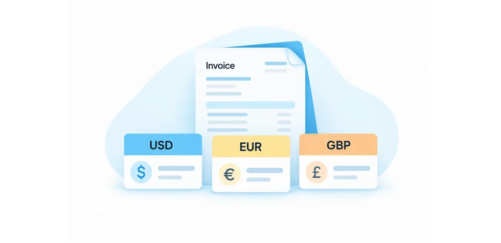 Invoice with USD, EUR, and GBP price cards for multi-currency billing.