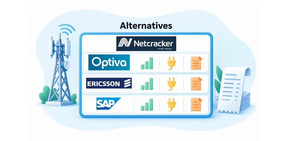 Netcracker, Optiva, Ericsson and SAP logos in a telecom billing comparison