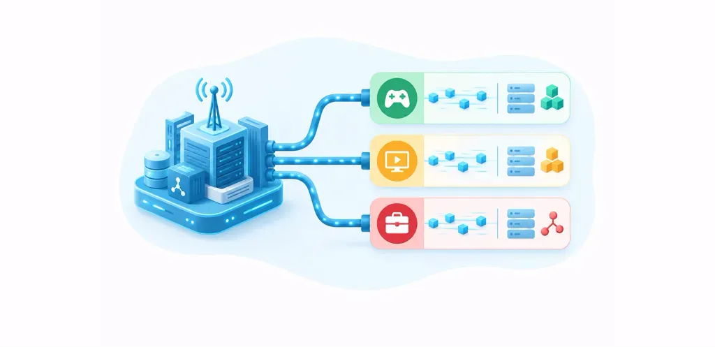Shared network infrastructure serving separate gaming, streaming and enterprise service slices