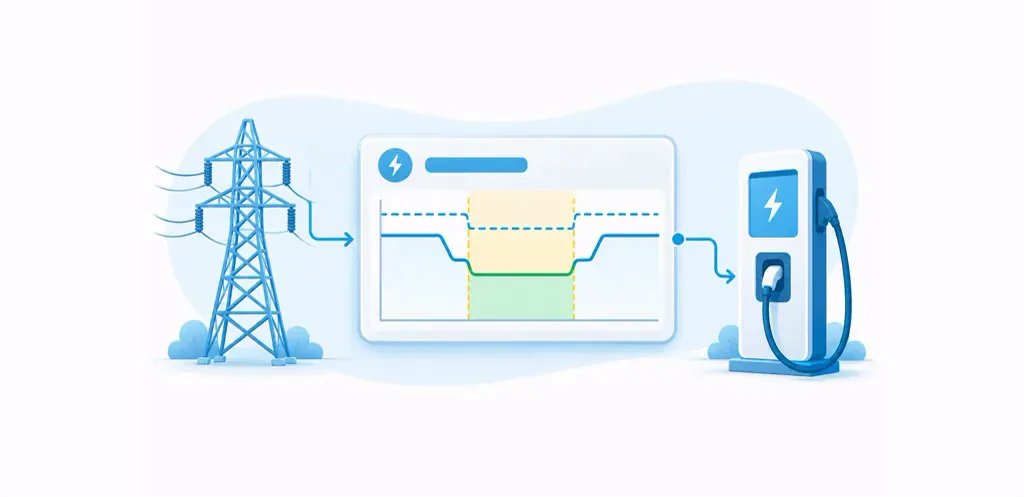Le signal de réponse à la demande du réseau est transmis au chargeur de véhicule électrique via le système de gestion de la recharge ; un graphique illustre la réduction de la charge de recharge pendant un événement.