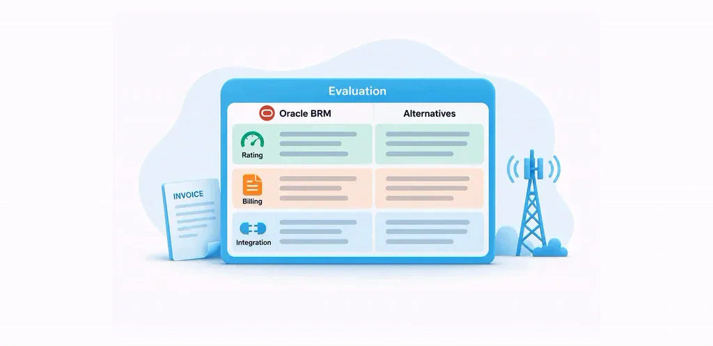 Oracle logo beside the Oracle BRM heading in a billing platform evaluation illustration.