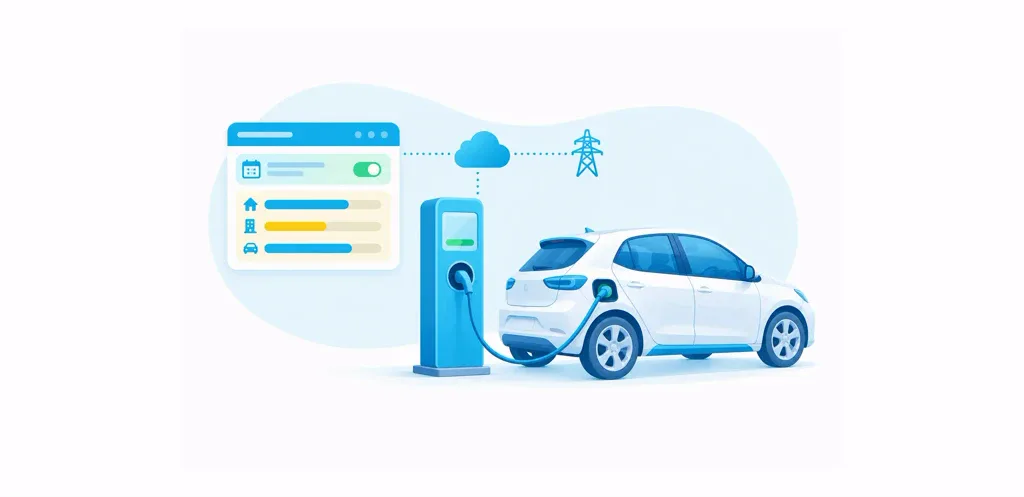 Smart EV charger connected to an electric car with remote scheduling and load controls