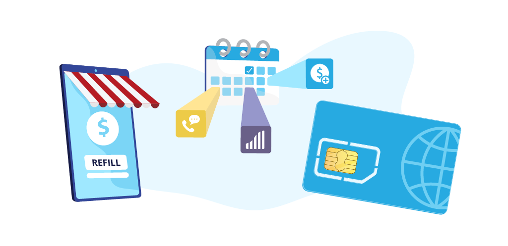 선불 모바일 요금제 블로그의 제목 이미지로, 청구 시간, SIM 카드 사용, 모바일 잔액 충전 등 선불 모바일 요금제의 주요 측면을 시각적으로 표현합니다. 이러한 측면은 선불 모바일 요금제의 수명 주기 중 중요한 이벤트를 표시하는 달력, 세계 여행을 상징하는 지구본이 새겨진 실제 SIM 카드, 선불 잔액을 충전하라는 메시지가 표시된 스마트폰으로 표현되어 있습니다.