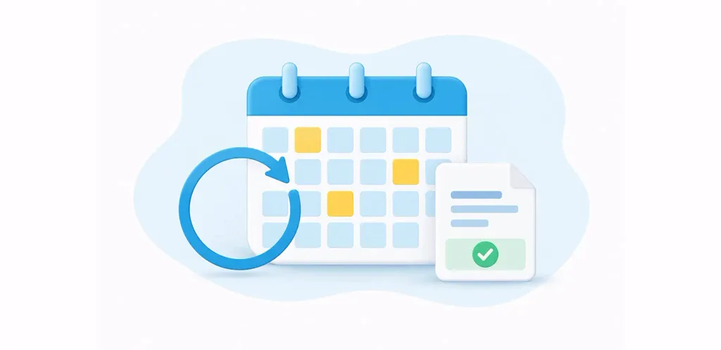 Recurring billing calendar with a clockwise cycle arrow and payment-confirmed invoice.