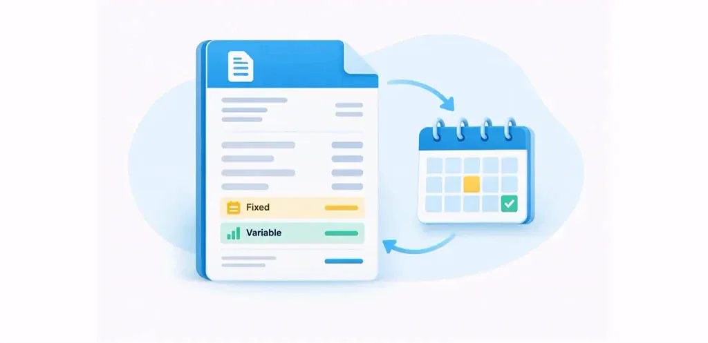 Recurring invoice with fixed and variable charges linked to a billing calendar