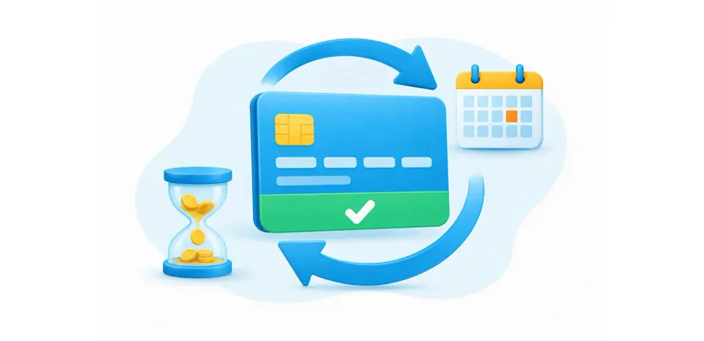 Authorized recurring payment card with repeat arrows, calendar and one hourglass