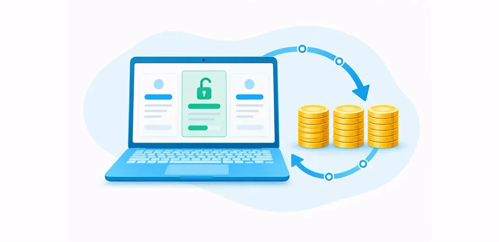 El acceso continuo a un servicio digital a cambio de ingresos recurrentes, representado mediante un ordenador portátil, flechas de retorno y montones de monedas.