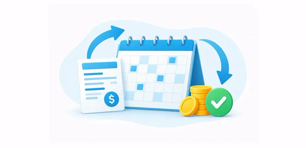 Recurring billing calendar with invoice, renewal arrows and payment confirmation