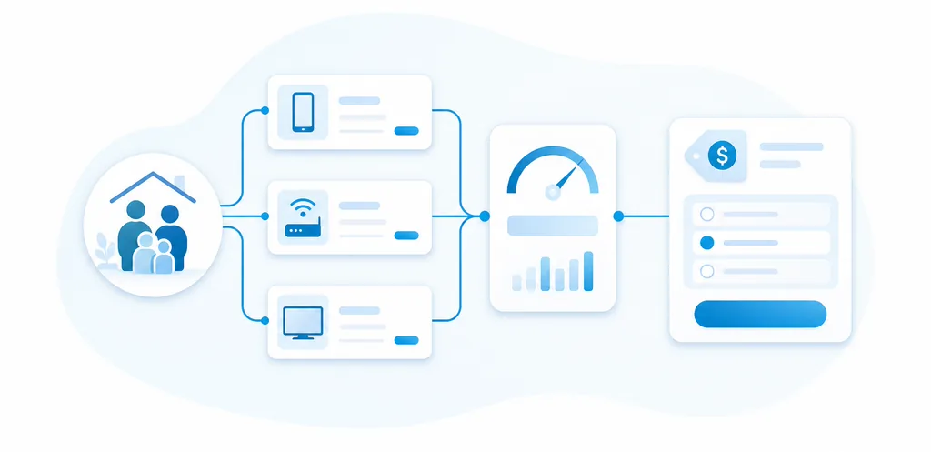 Illustration of household subscriptions feeding a shared usage counter for rating decisions