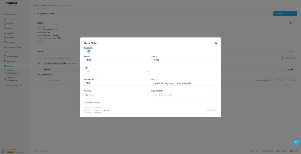 Schritt 3: Einrichtung der Roaming-Plattform innerhalb von Tridens EV Charge