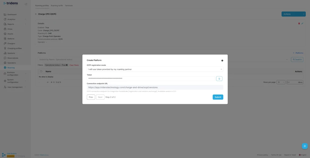 Schritt 4: Verwendung des Registrierungs-Tokens von ENAPI in Tridens EV Charge