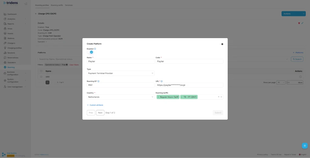 Step 5.2: Payter Assign Roaming Tariff on Roaming Platforn