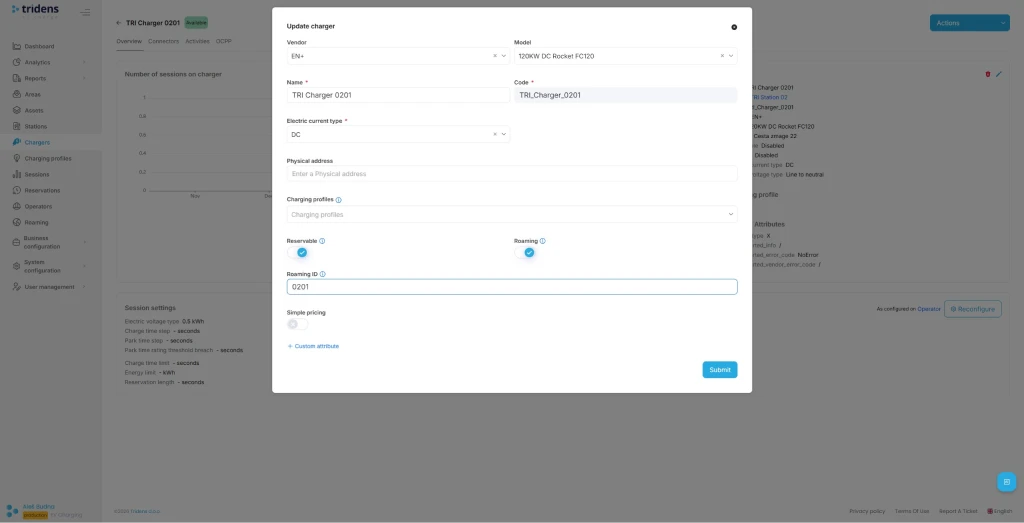 Schritt 5: Ansicht der Roaming-Einstellungen des Ladegeräts in Tridens EV Charge