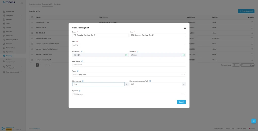 Step 5: Payter Ad-hoc Roaming Tariff Setup