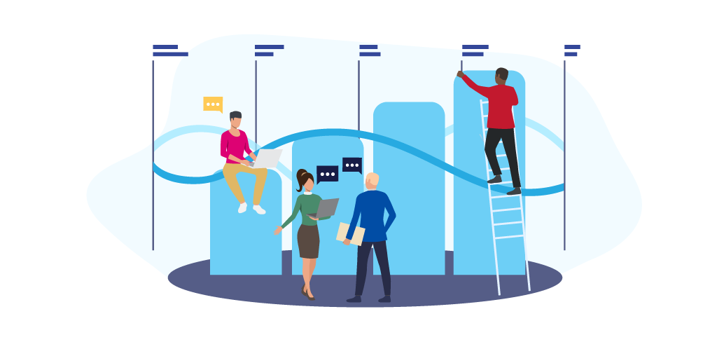 Uma infografia que mostra várias pessoas em banda desenhada a discutir as últimas tendências em matéria de telecomunicações.