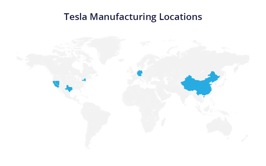 tesla manufacturing locations shown on world map