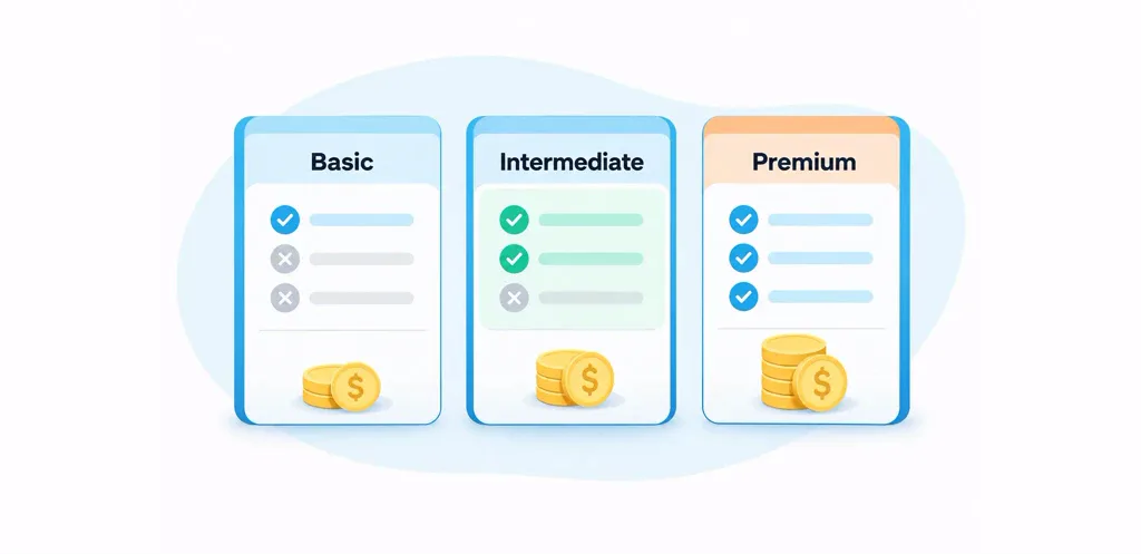 Planos de preços Básico, Intermédio e Premium, com um número crescente de funcionalidades incluídas e pilhas de moedas