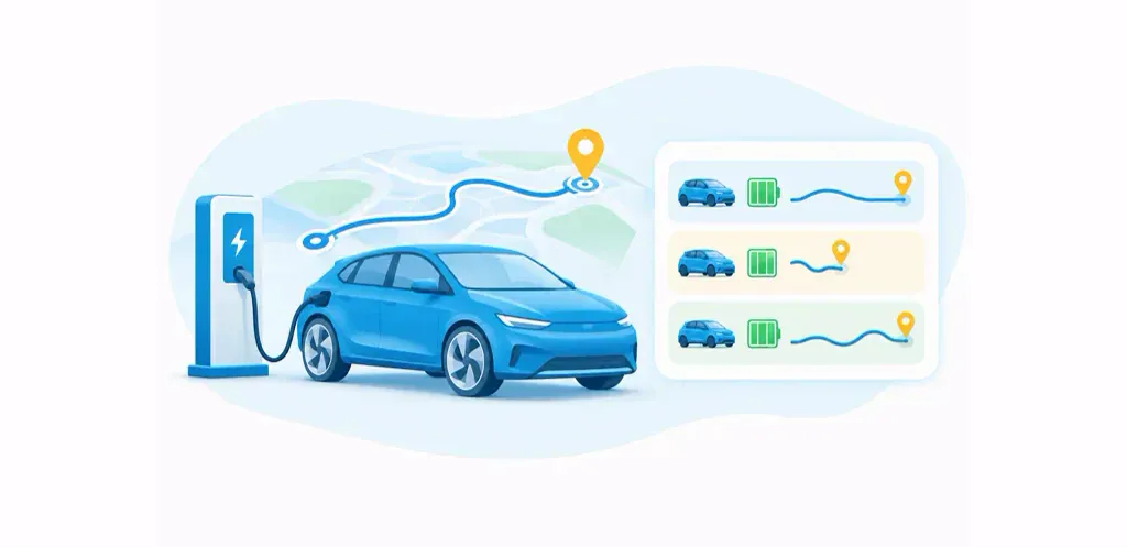 Electric car connected to a charger beside a conceptual single-charge range comparison and destination route
