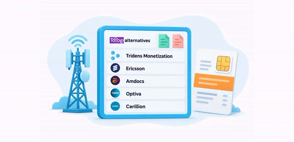 Totogi alternatives comparison with authentic Tridens, Ericsson, Amdocs, Optiva, and Cerillion vendor marks.