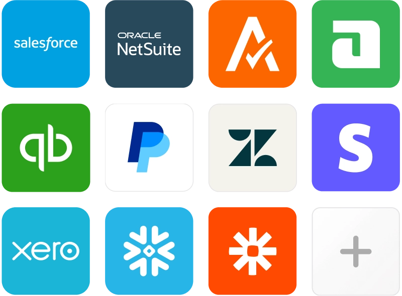 Salesforce, Oracle NetSuite, Avalara, Adyen, QuickBooks, PayPal, Zendesk, Stripe, Xero, Snowflake and Zapier logos with a custom integration tile.