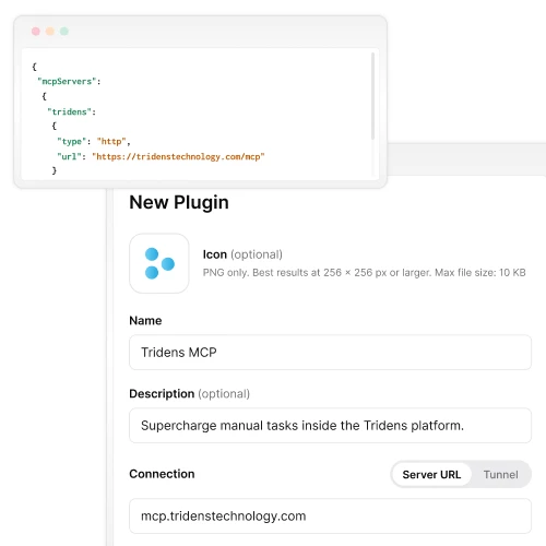 Immagine grafica della connessione MCP di Tridens per la pagina di destinazione dedicata all'IA, che mostra il codice di programmazione con i parametri di connessione MCP e una finestra di uno strumento LLM di IA che si connette a Tridens tramite MCP.