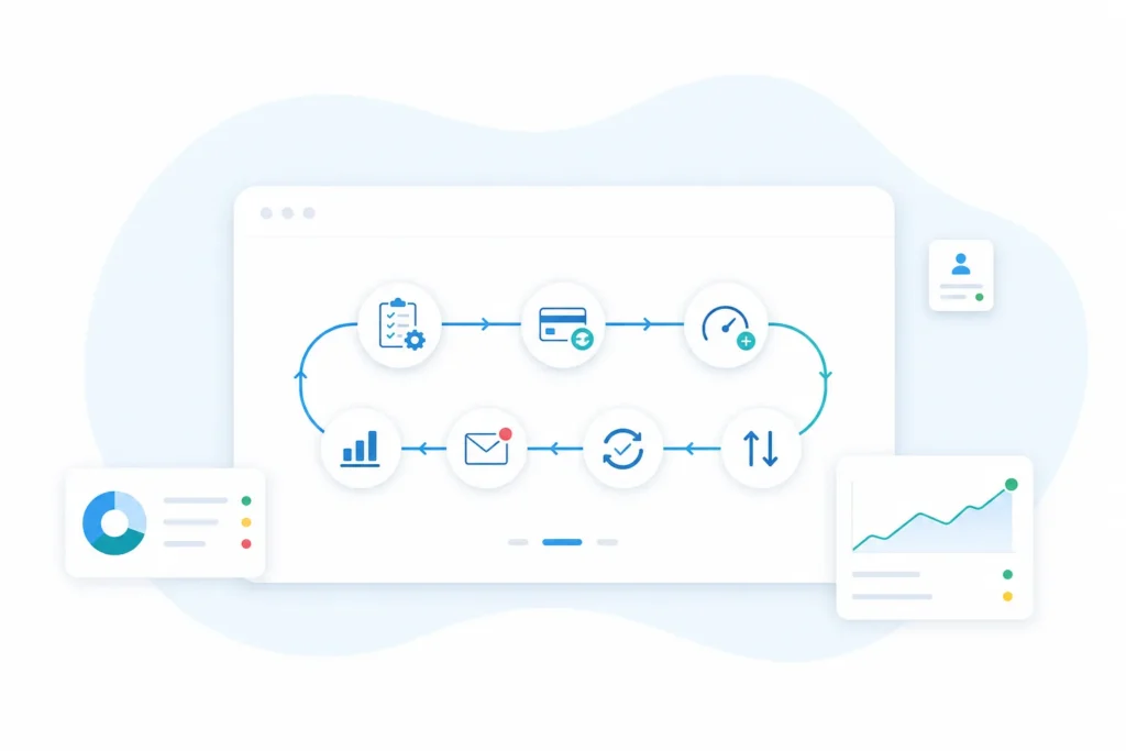 Abstract dashboard showing subscription management application lifecycle stages from plans to reporting