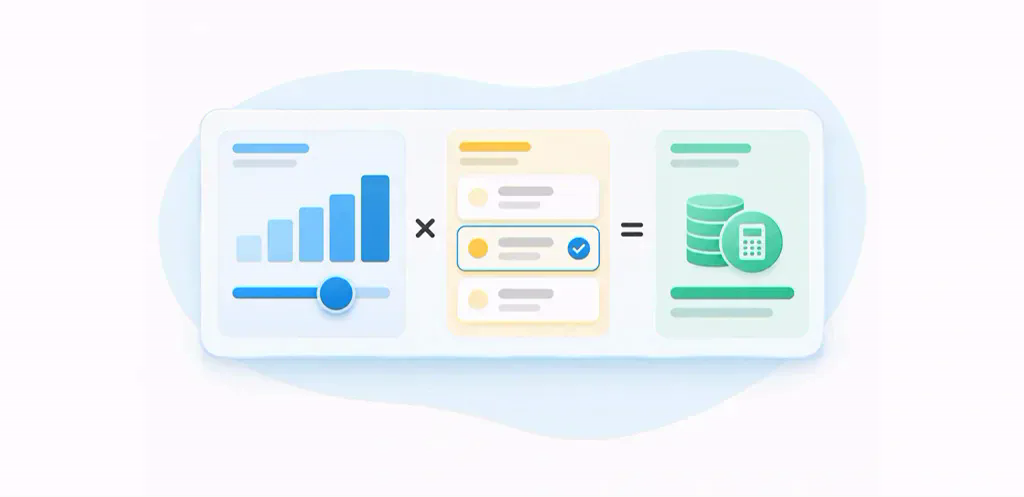Usage chart and slider multiplied by a selected rate to calculate a charge.