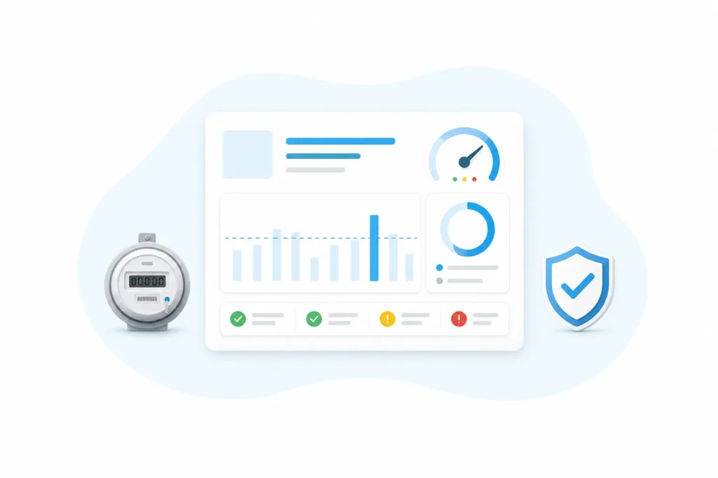Dashboard zur Abrechnungsgenauigkeit bei Versorgungsunternehmen mit Zählerdaten und Fehlerindikatoren