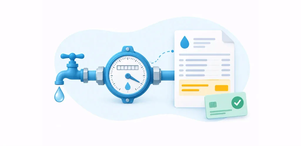 Water utility billing software connecting a water meter to an invoice and payment.